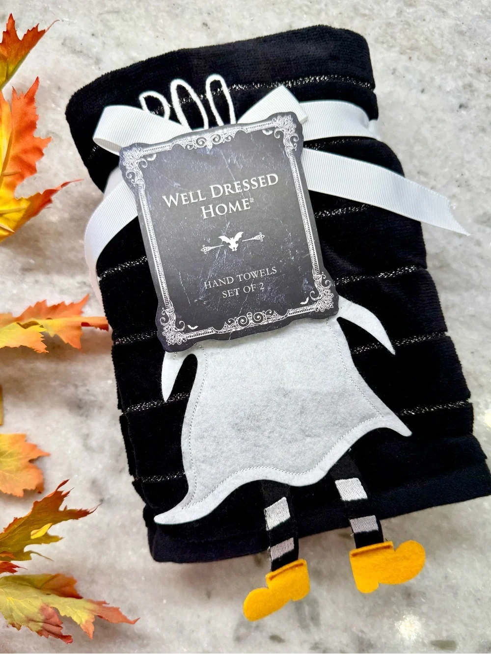 New Halloween BOO Ghost w/ Dangly Legs Black & Sparkle Bath Hand Towels 2Pc Set
